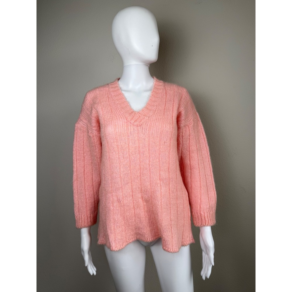 VTG Jamie Scott Womens Mohair Blend Sweater L Pink V Neck Ribbed Fuzzy Knit